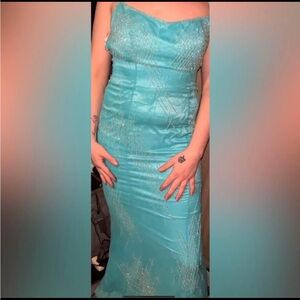 Elegant Aqua Blue Beaded Chiffon Silky Vintage Long Formal Gown W/ Train 6/8